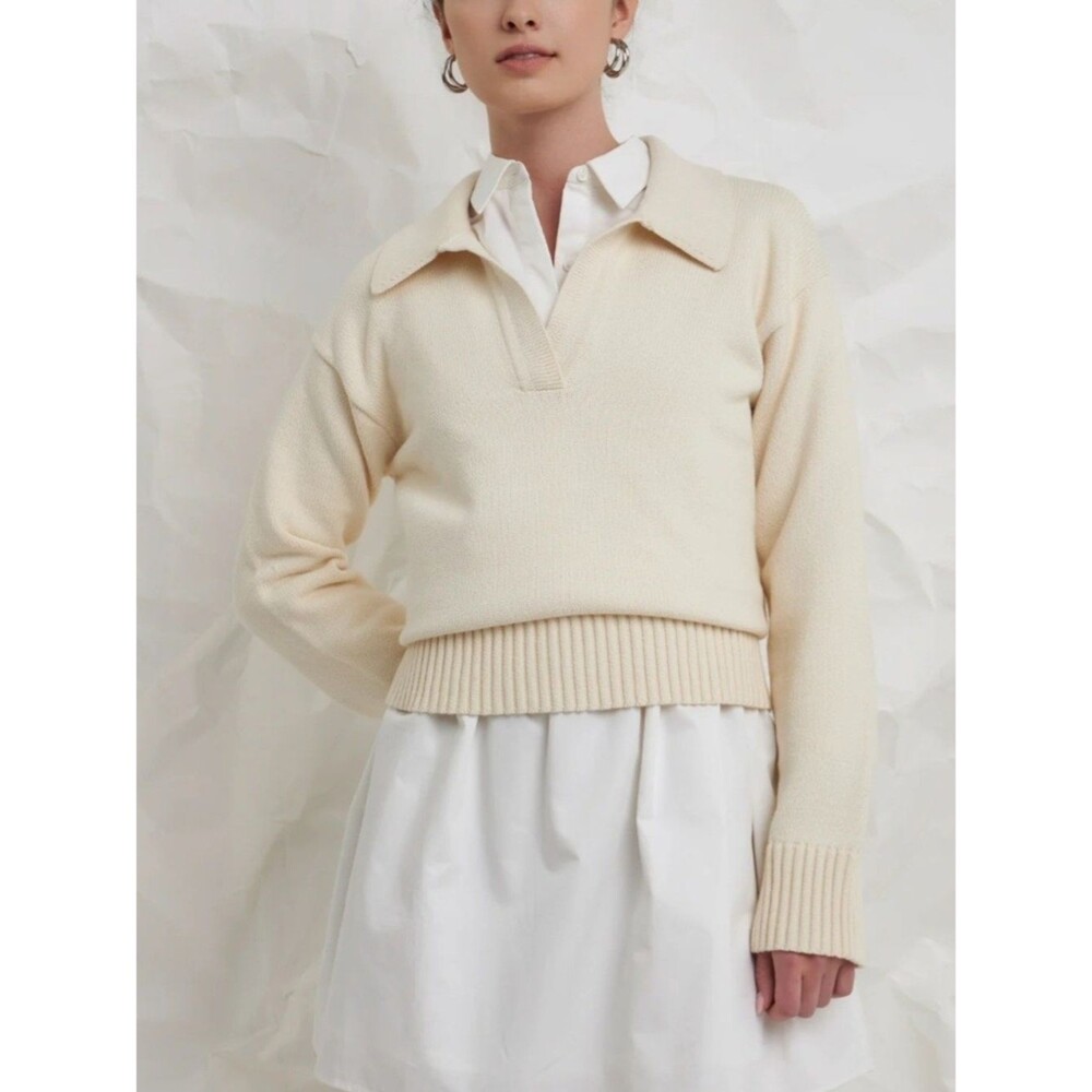 English Factory Cream Collared V‑Neck Pullover Sweater Small